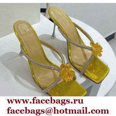 Mach & Mach Heel 9.5cm Crystal and Rose Flower Mules Gold 2022 - Click Image to Close